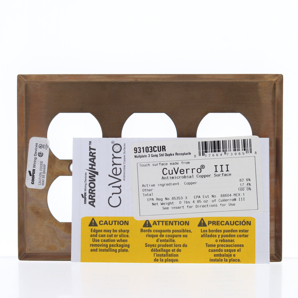 Cooper 93103CU Copper 3-Gang Duplex Outlet CuVerro Antimicrobial Wallplate Cover