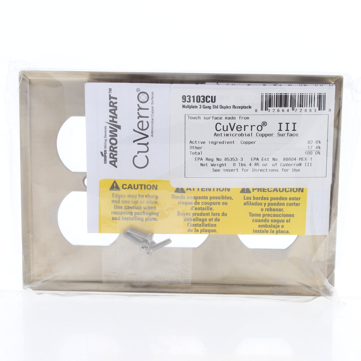 Cooper 93103CUR Copper 3-Gang Blank CuVerro Antimicrobial Wallplate Box Mount