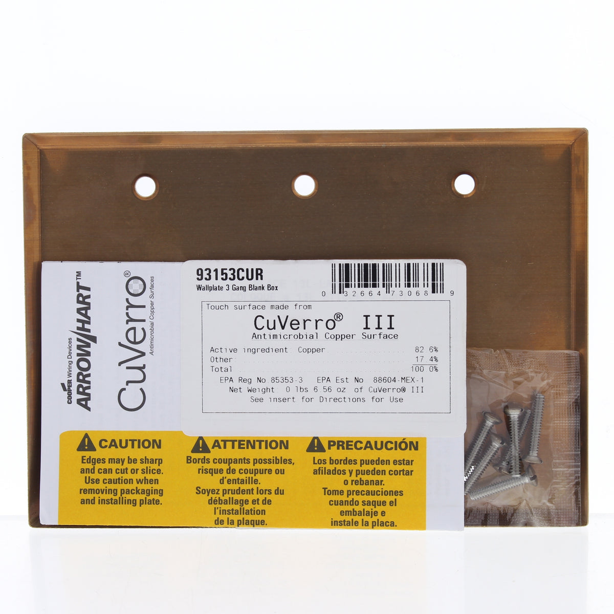 Cooper 93153CU Copper 3-Gang Blank CuVerro Antimicrobial Wallplate Box Mount