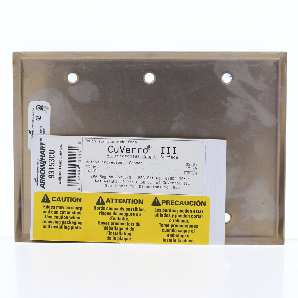 Cooper 93153CUR Copper 3-Gang Blank CuVerro Antimicrobial Wallplate Box Mount