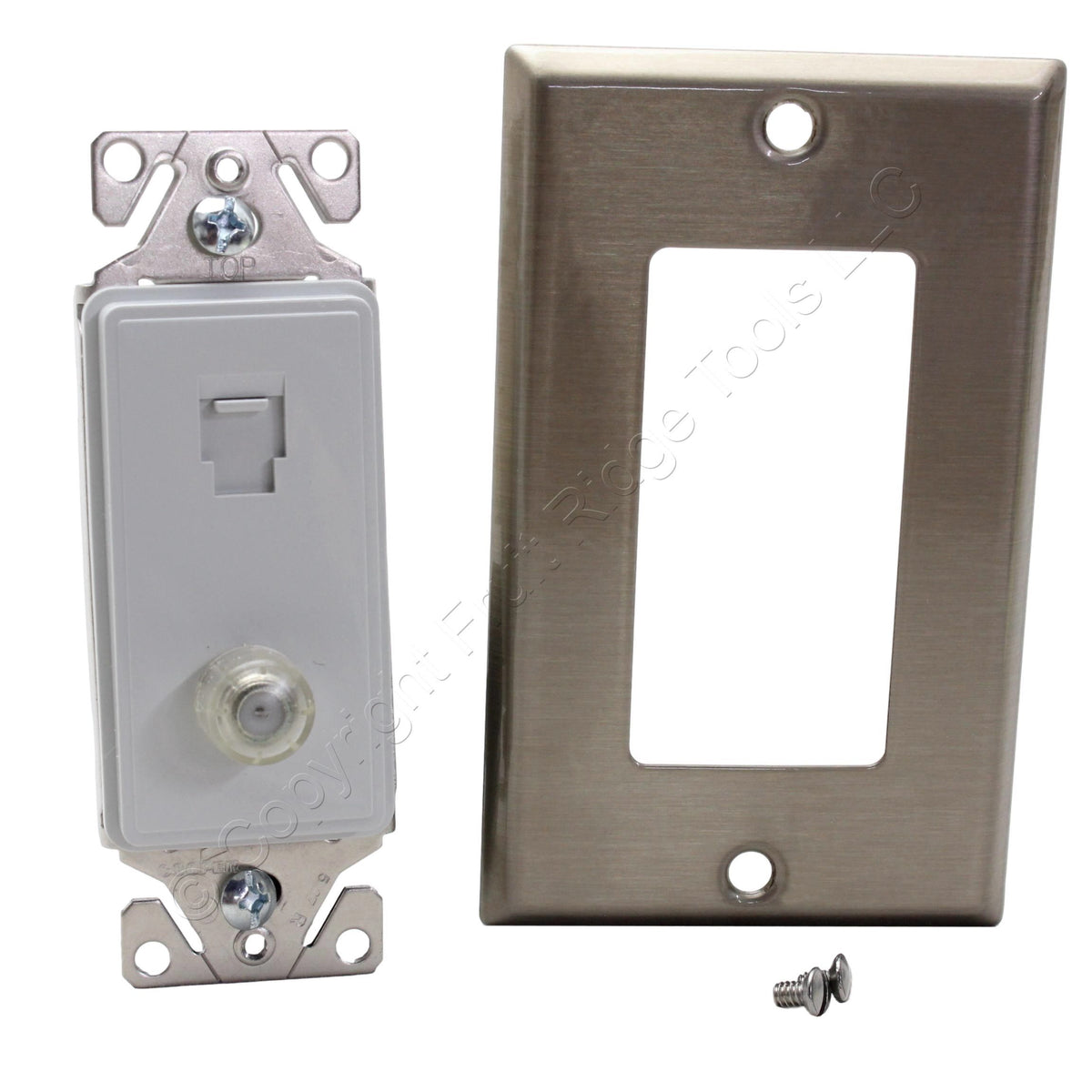 Cooper Bundle Phone/Coaxial Cable Combo Jack + Stainless Rocker Wallplate Cover
