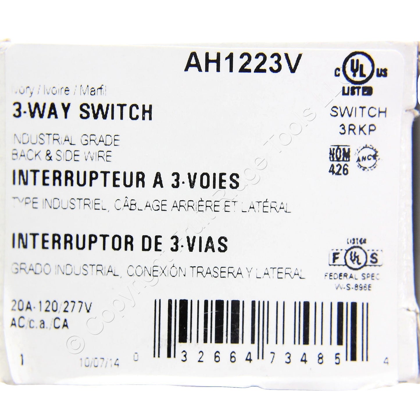 Cooper AH1223V Ivory Industrial Grade 3-Way Toggle Wall Light Switch Control 20A