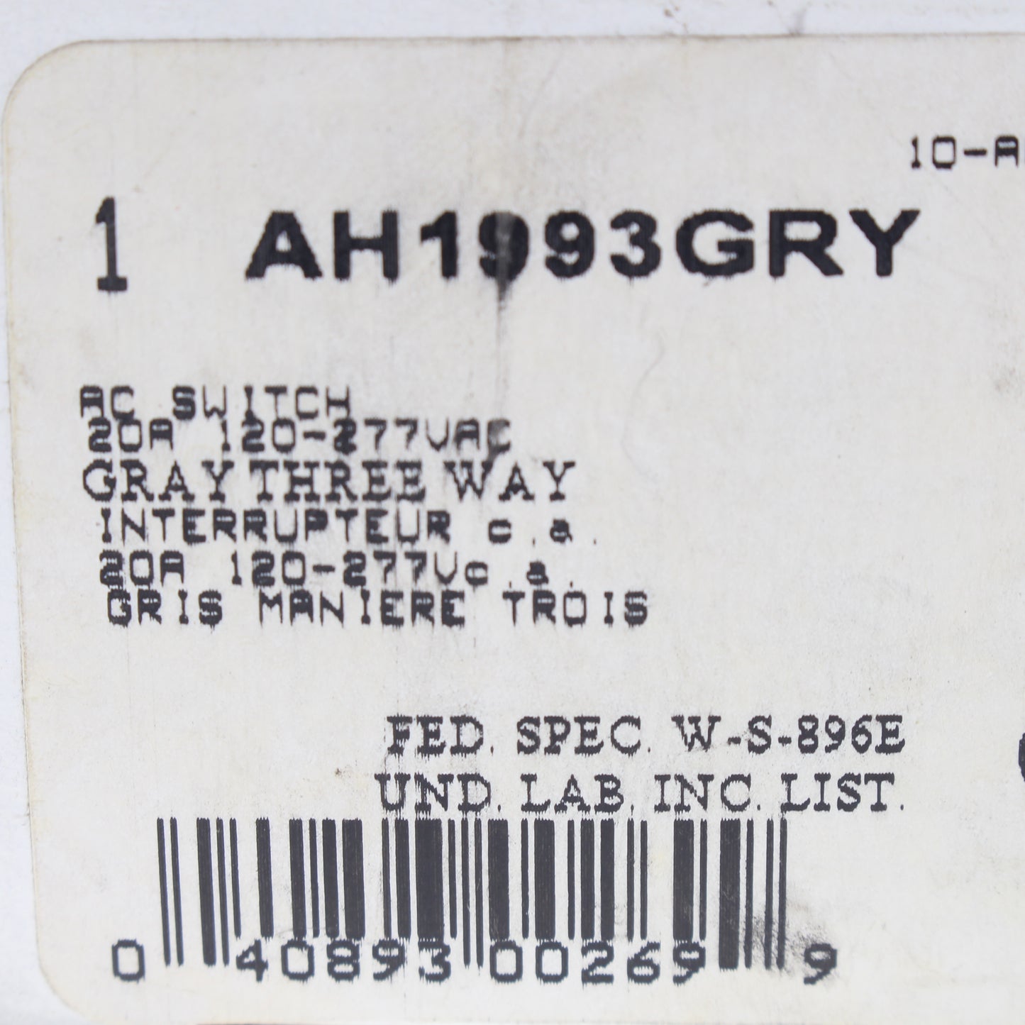 Cooper AH1993GRY Gray Industrial Grade 3-Way Toggle Switch 20A 120/277V B&S