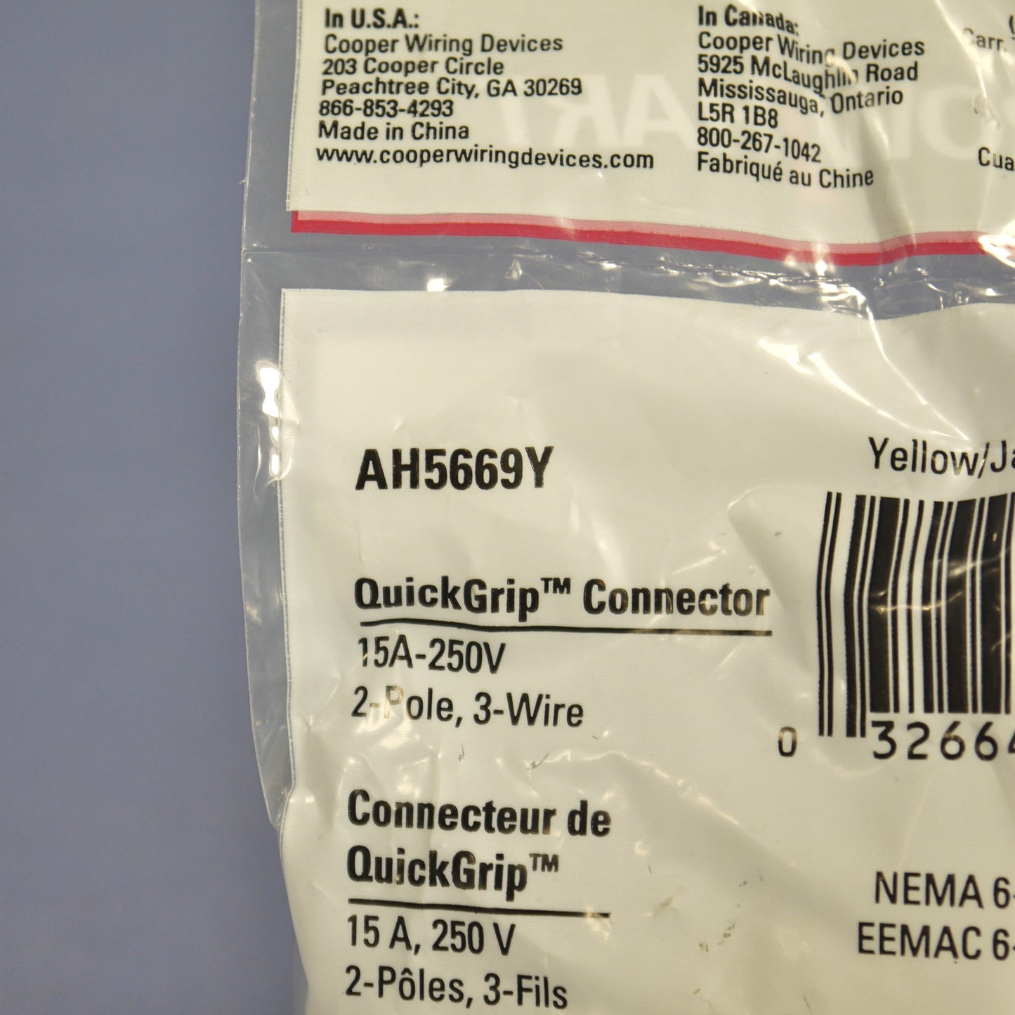 Cooper Arrow Hart Yellow QuickGrip Straight Connector NEMA 6-15 15A 250V AH5669Y