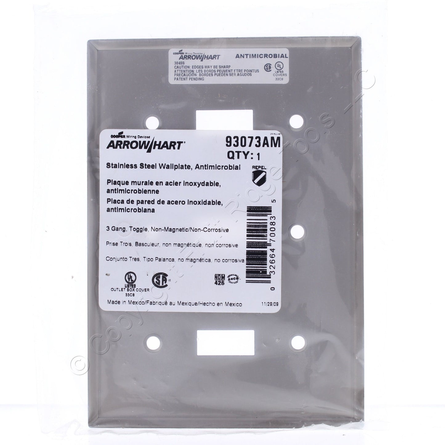 Cooper Antimicrobial Stainless Steel 3G Switch Cover Toggle Wallplate AH93073AM