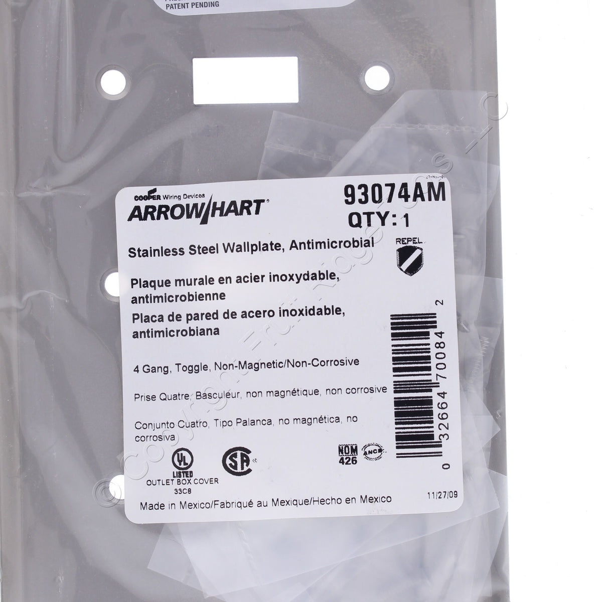 Cooper Antimicrobial Stainless Steel 4G Switch Cover Toggle Wallplate AH93074AM