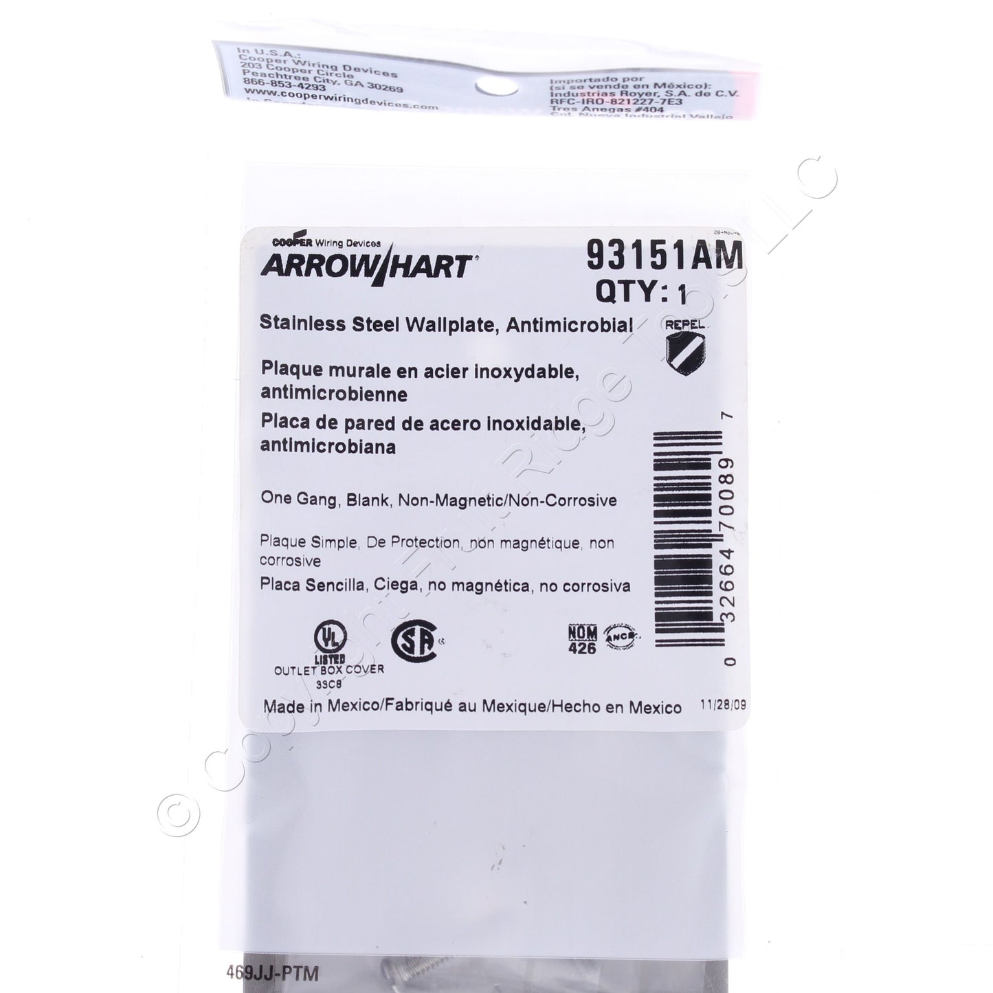 Cooper Antimicrobial 1-Gang Stainless Steel Blank Cover Wall Plate AH93151AM