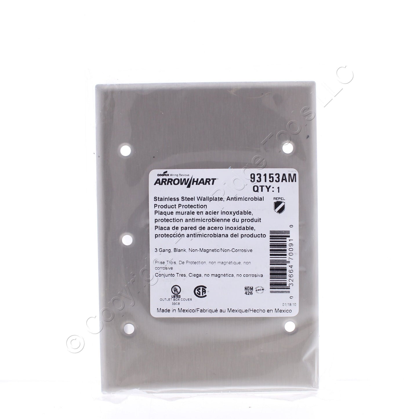 Cooper AH93153AM Antimicrobial Stainless Steel 3-Gang Blank Cover Wall Plate