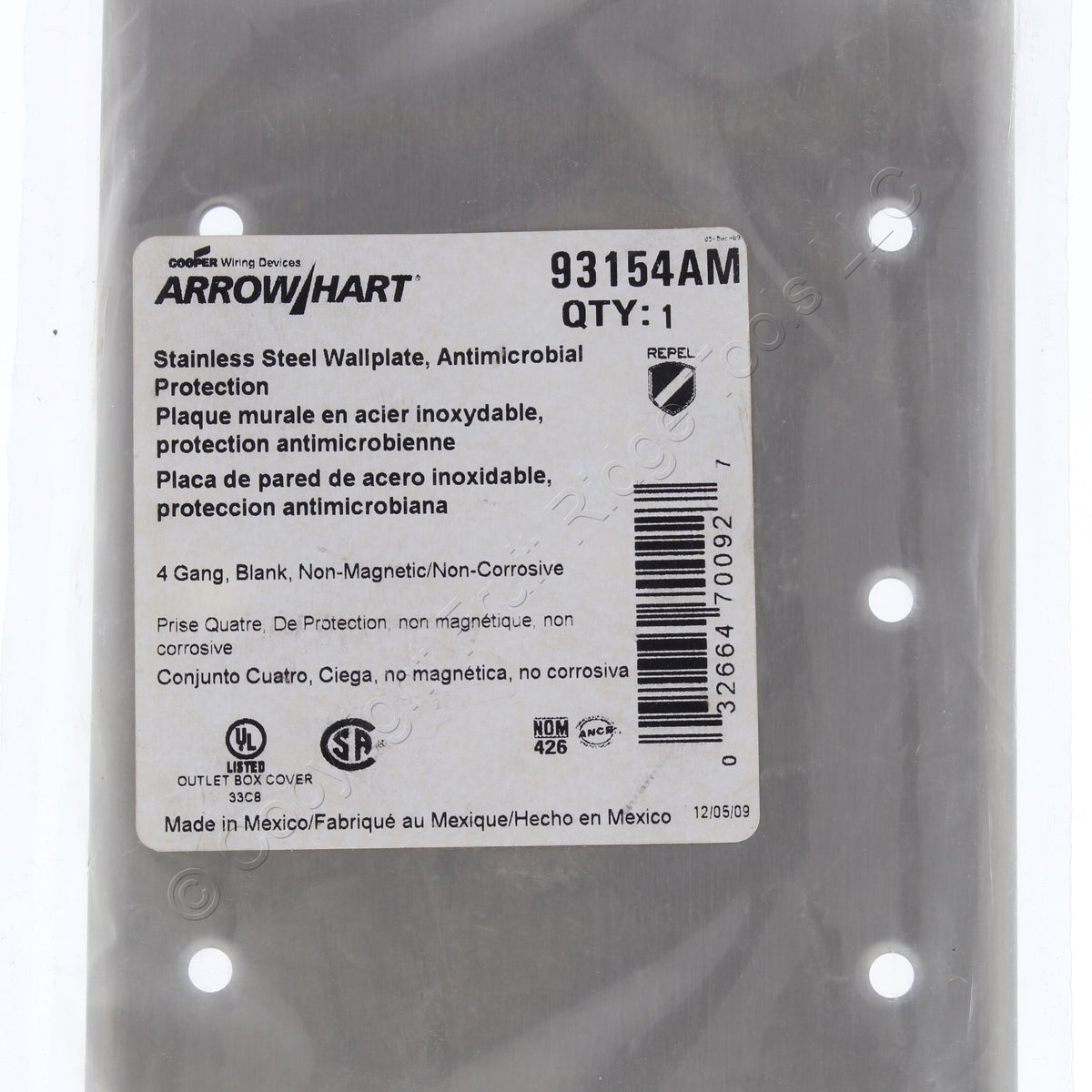 Cooper AH93154AM Antimicrobial Stainless Steel 4-Gang Blank Cover Wallplate