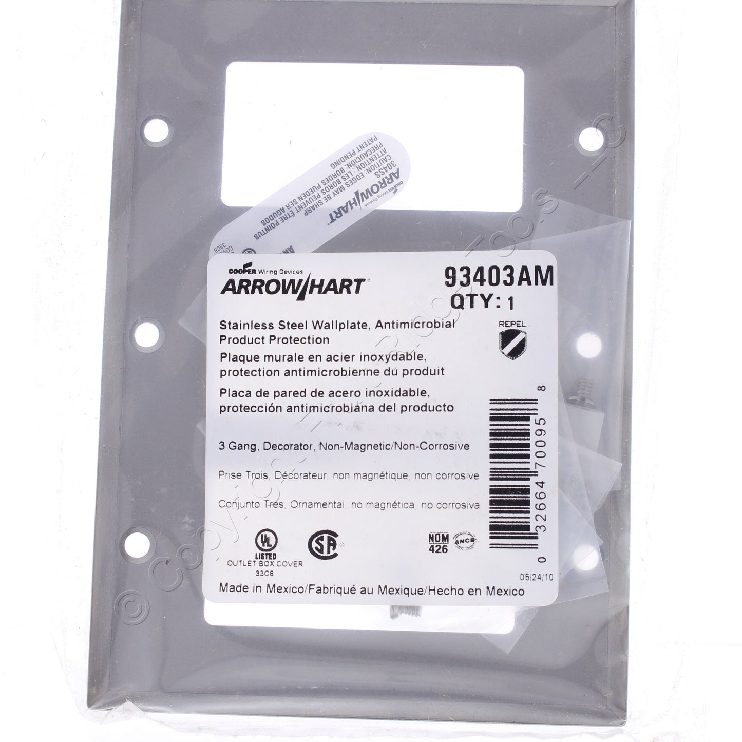 Cooper Antimicrobial 3-Gang Stainless Steel Decorator Wallplate Cover Gfci Gfi