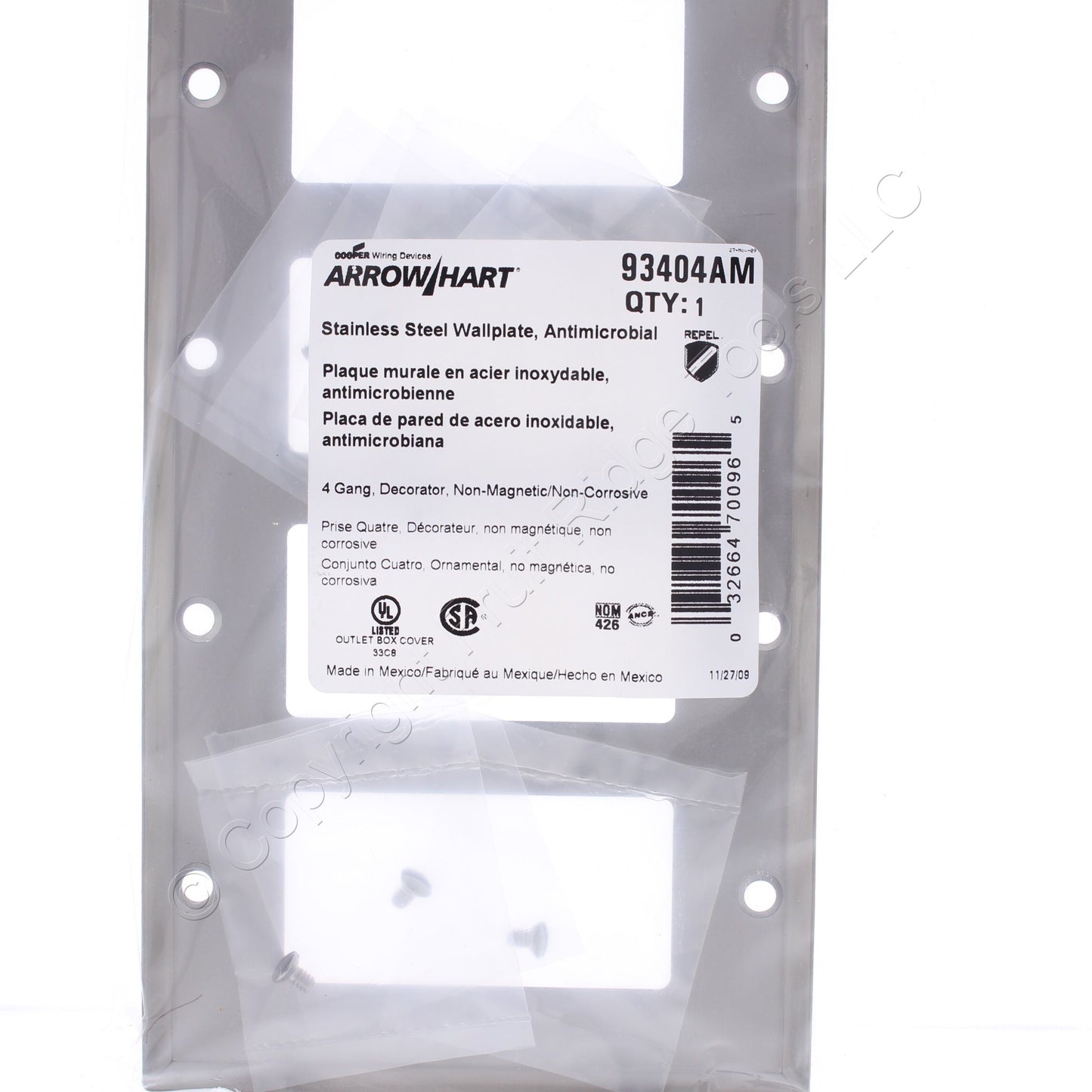 Cooper AH93404AM Antimicrobial 4-Gang Stainless Steel GFCI Decorator Wallplate