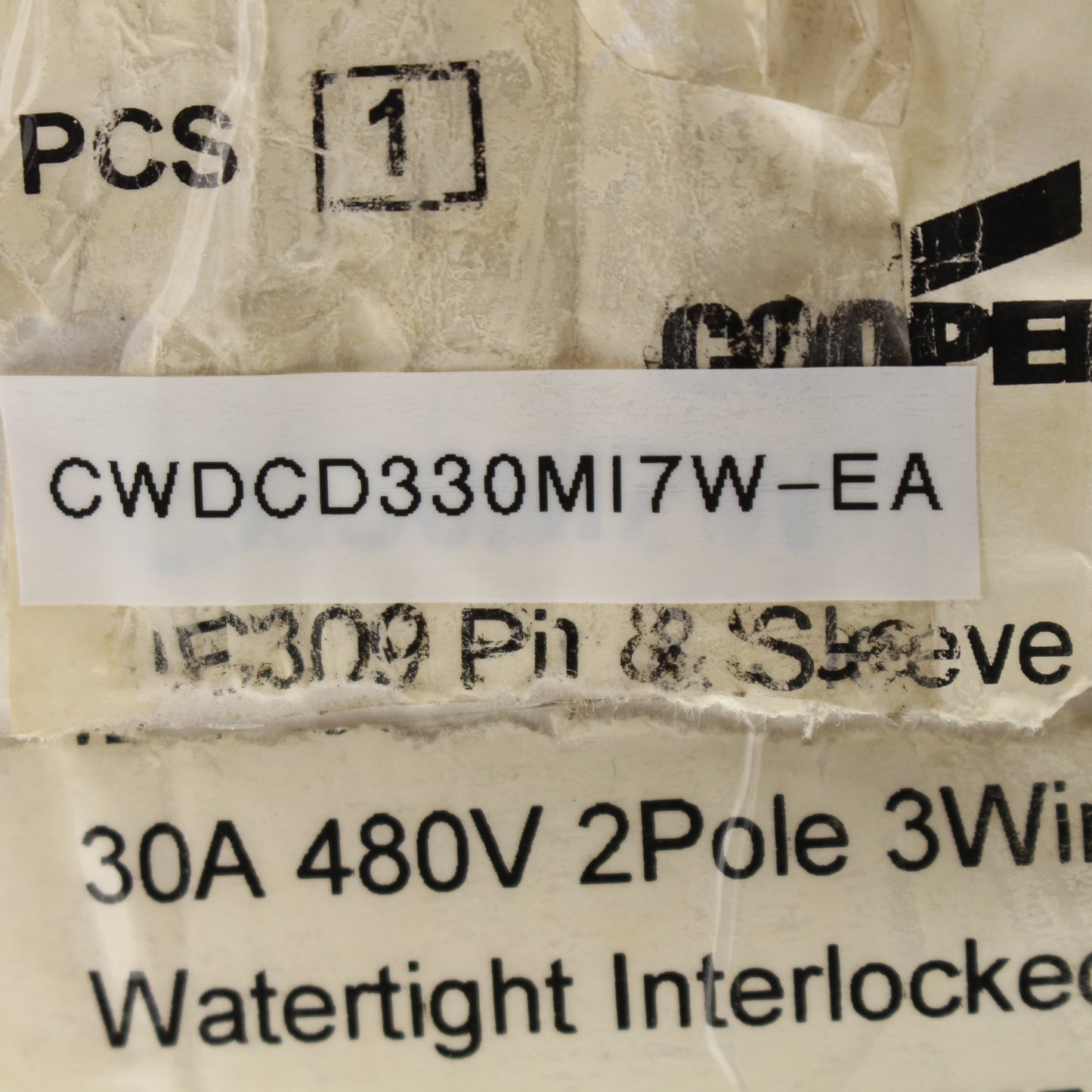 Cooper Watertight Mechanical Pin & Sleeve Interlock 30A 480V 2P3W 10HP CD330MI7W