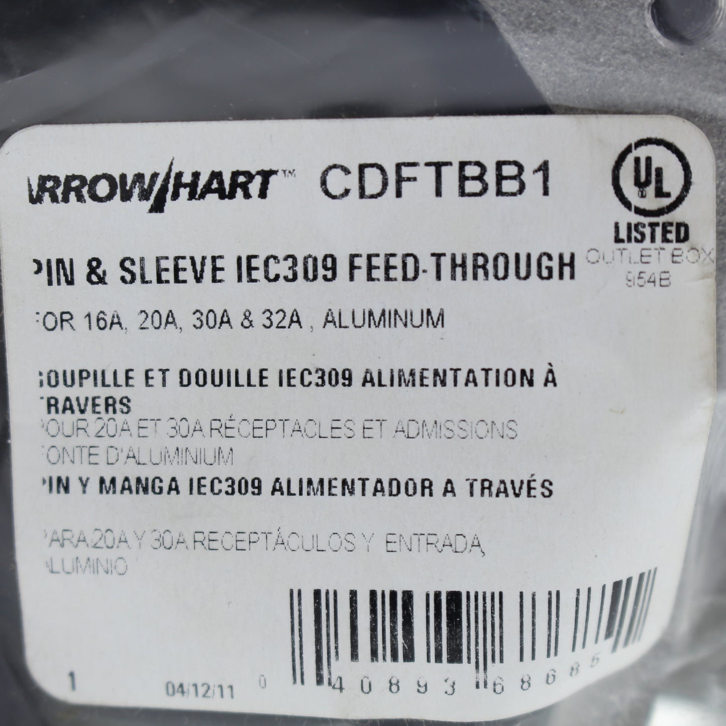 Cooper Aluminum Backbox Feed Thru for Pin & Sleeve 20/30A Receptacles CDFTBB1