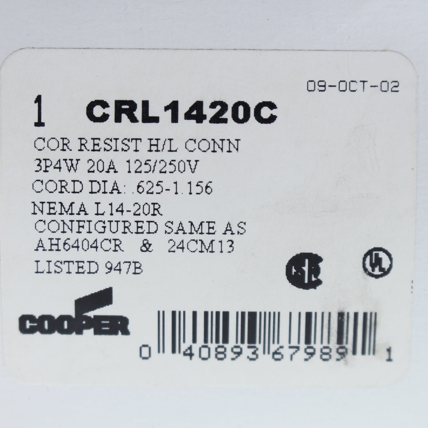 Cooper Yellow CORROSION RESISTANT Turn Twist Lock Connector L14-20R 20A CRL1420C