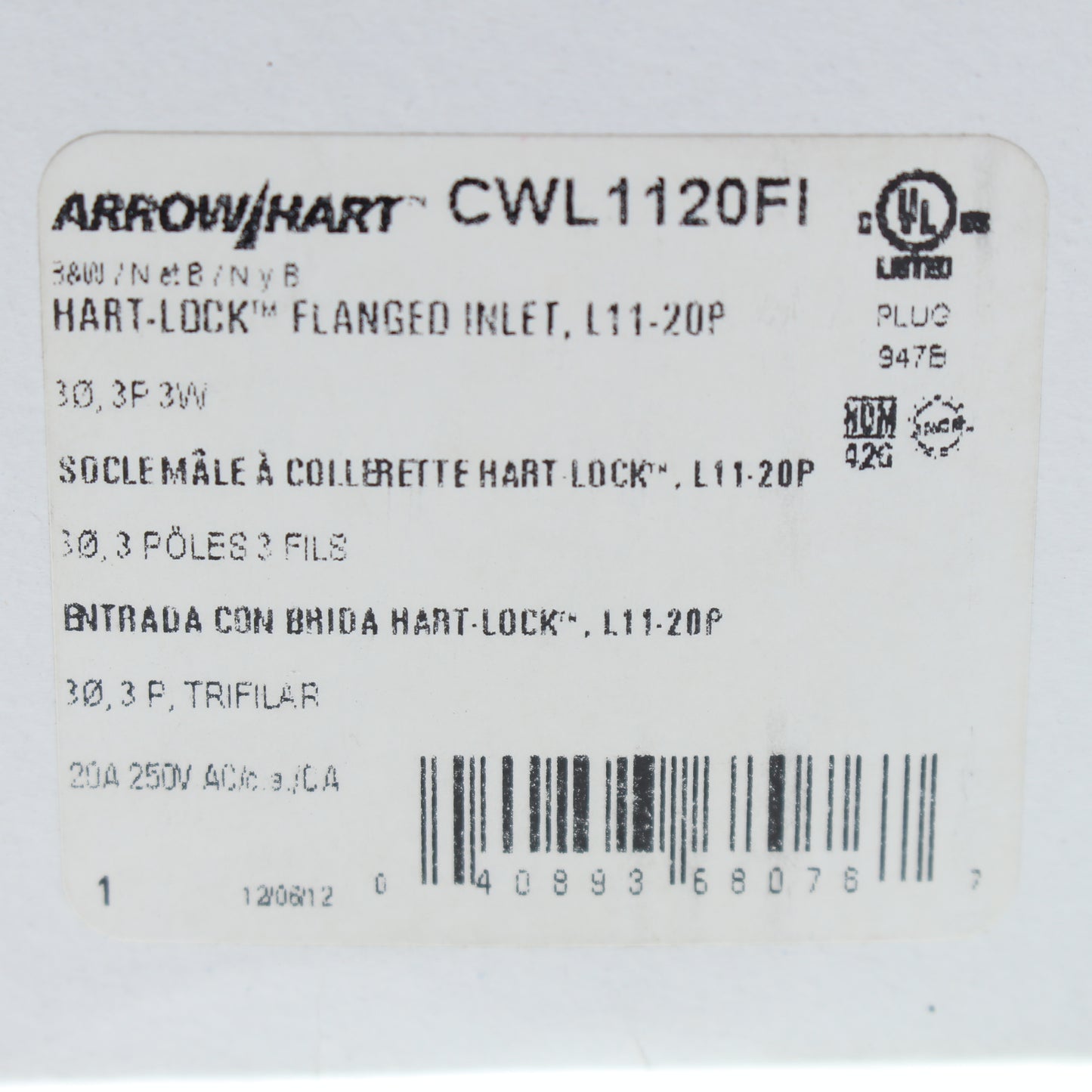 Cooper Twist Turn Locking Flanged Inlet Hart-Lok L11-20P 20A 250V 3� L1120FI