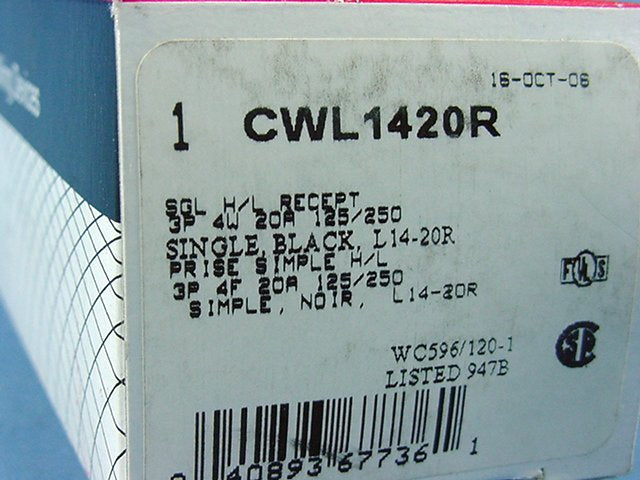 Cooper CWL1420R Twist Turn Locking Receptacle Outlet NEMA L14-20R 20A 125/250V