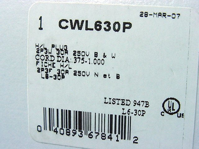 Cooper Industrial Twist Turn Locking Connector Plug Nema L6-30P 30A 250V CWL630P