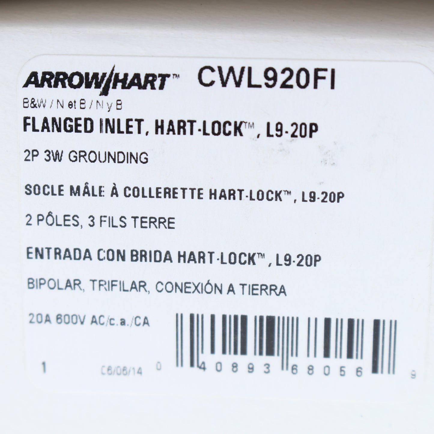 Cooper White Grounding Flanged Locking Inlet L9-20P 20A 600VAC 2P3W BW CWL920FI