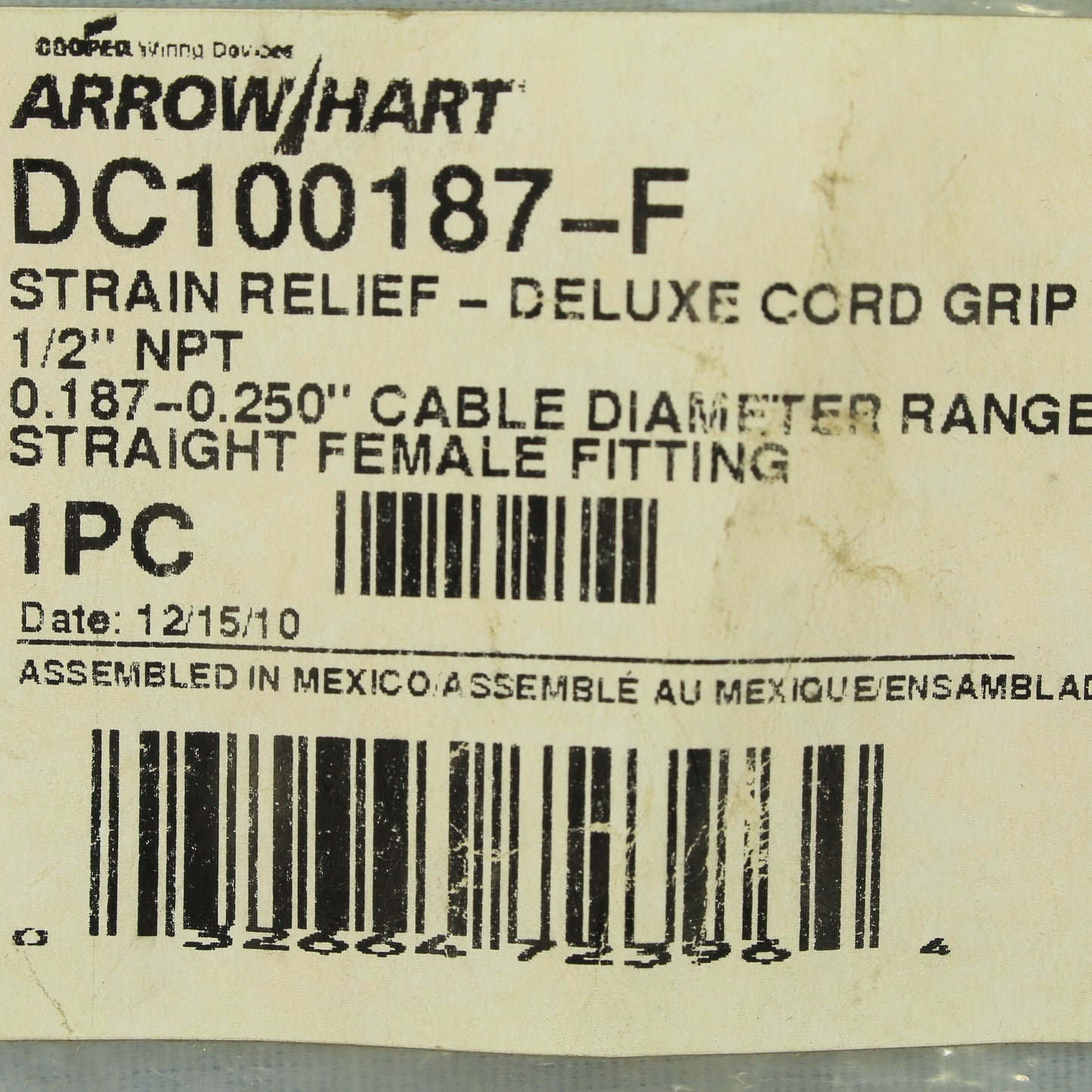 Cooper Female Delux Cord Grip Strain Relief Cable 0.187-0.25" 1/2"NPT DC100187-F
