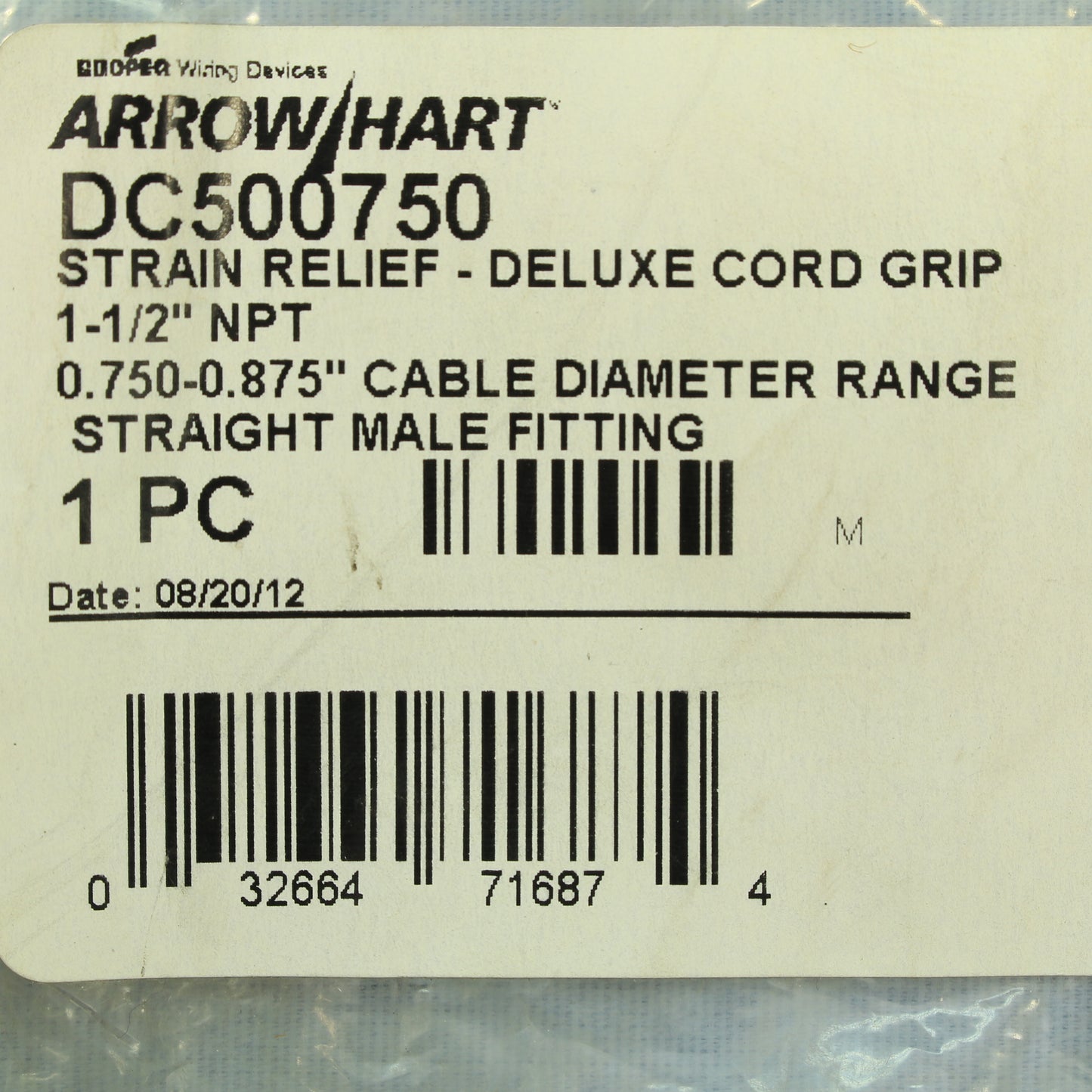Cooper Straight Male Delux Grip Strain Relief Cable .75-.875" 1.50" NPT DC500750