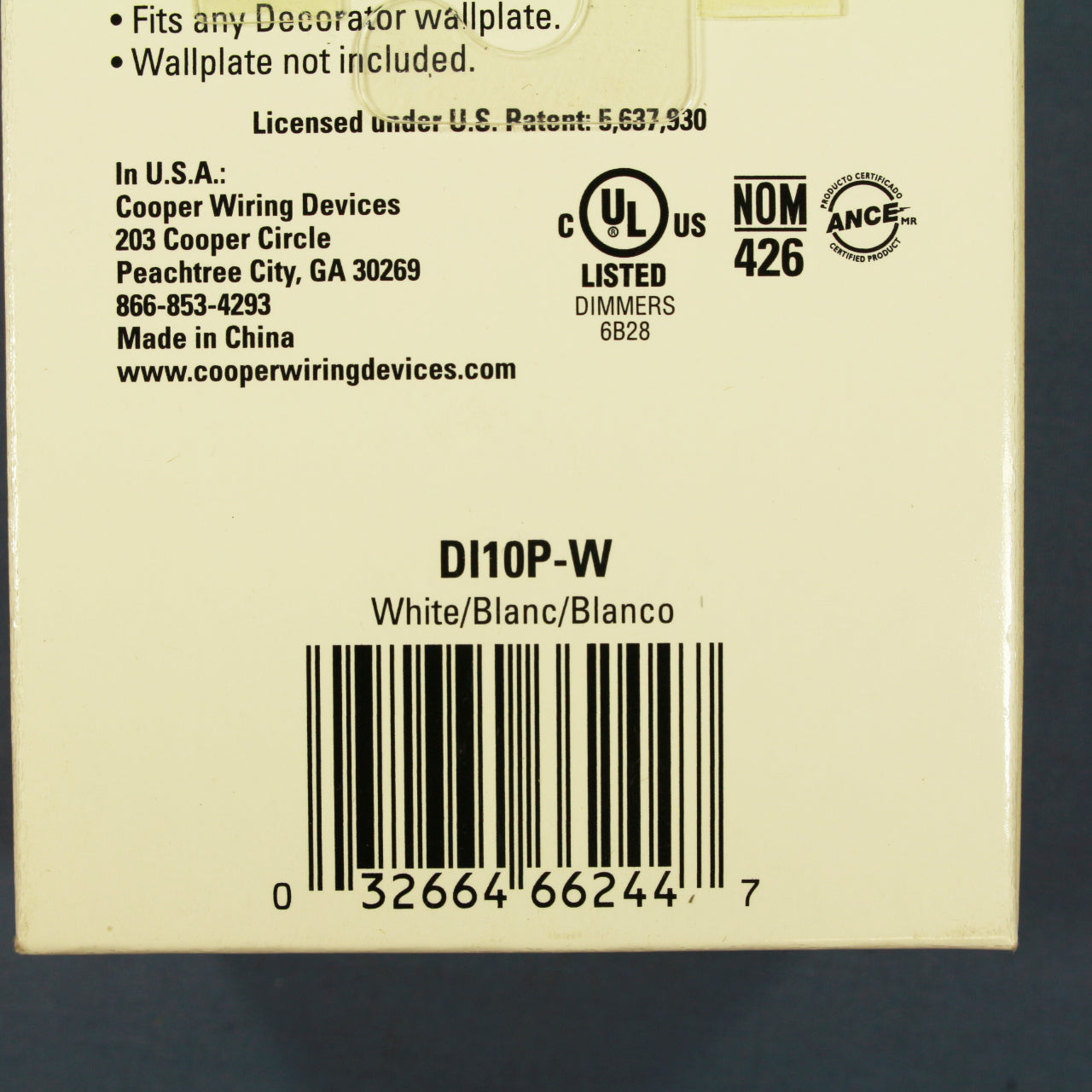 Cooper DI10P-W White Single-Pole & Multi-Way Decorator Slide Dimmer 1000W 120V