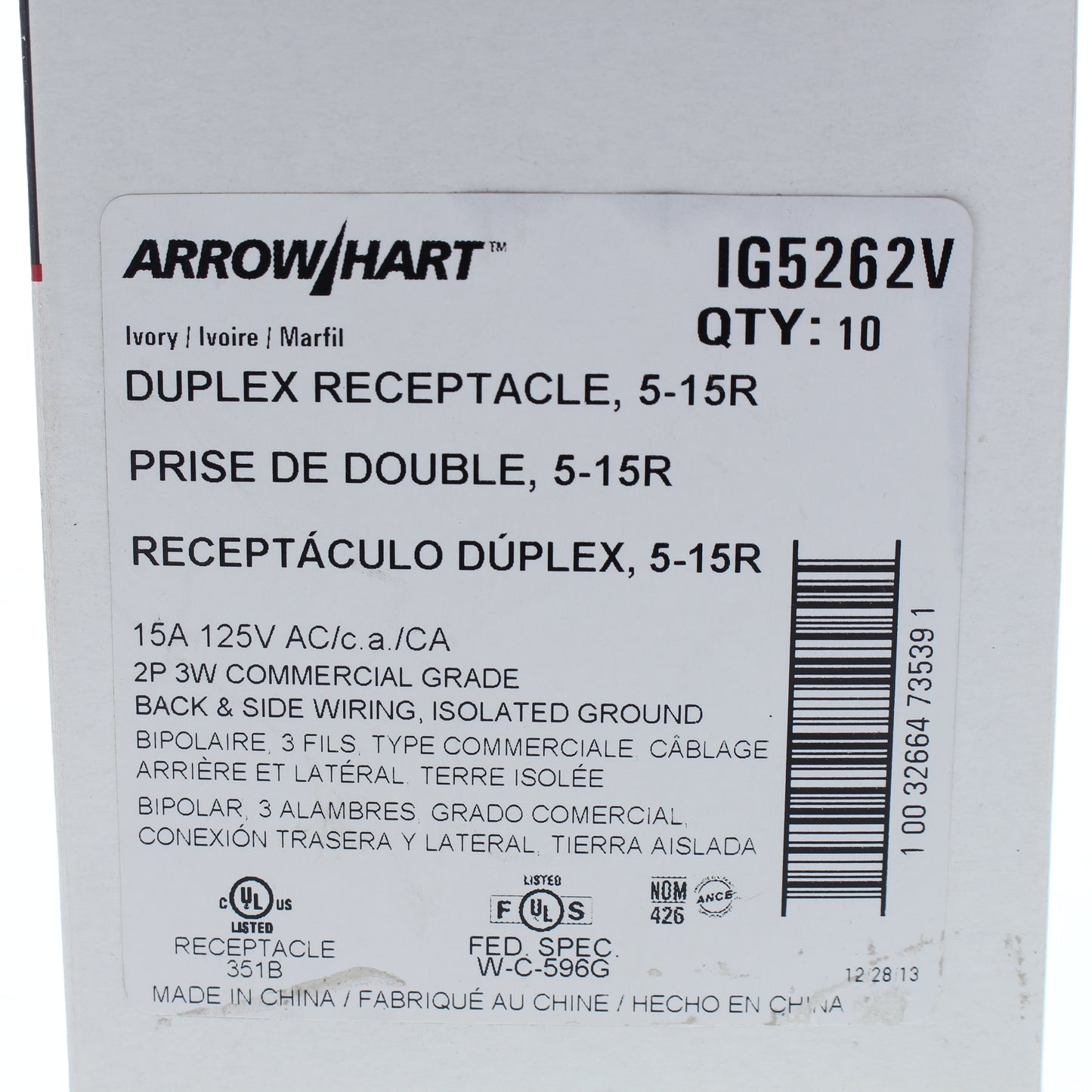 10 Cooper Ivory Duplex Isolated Ground Receptacles 5-15R 15A 125V 2P3W IG5262V