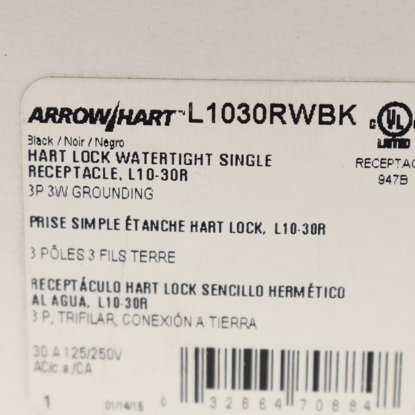 Cooper L1030RWBK Watertight 30A Locking Receptacle Outlet L10-30R 125/250V 3P3W