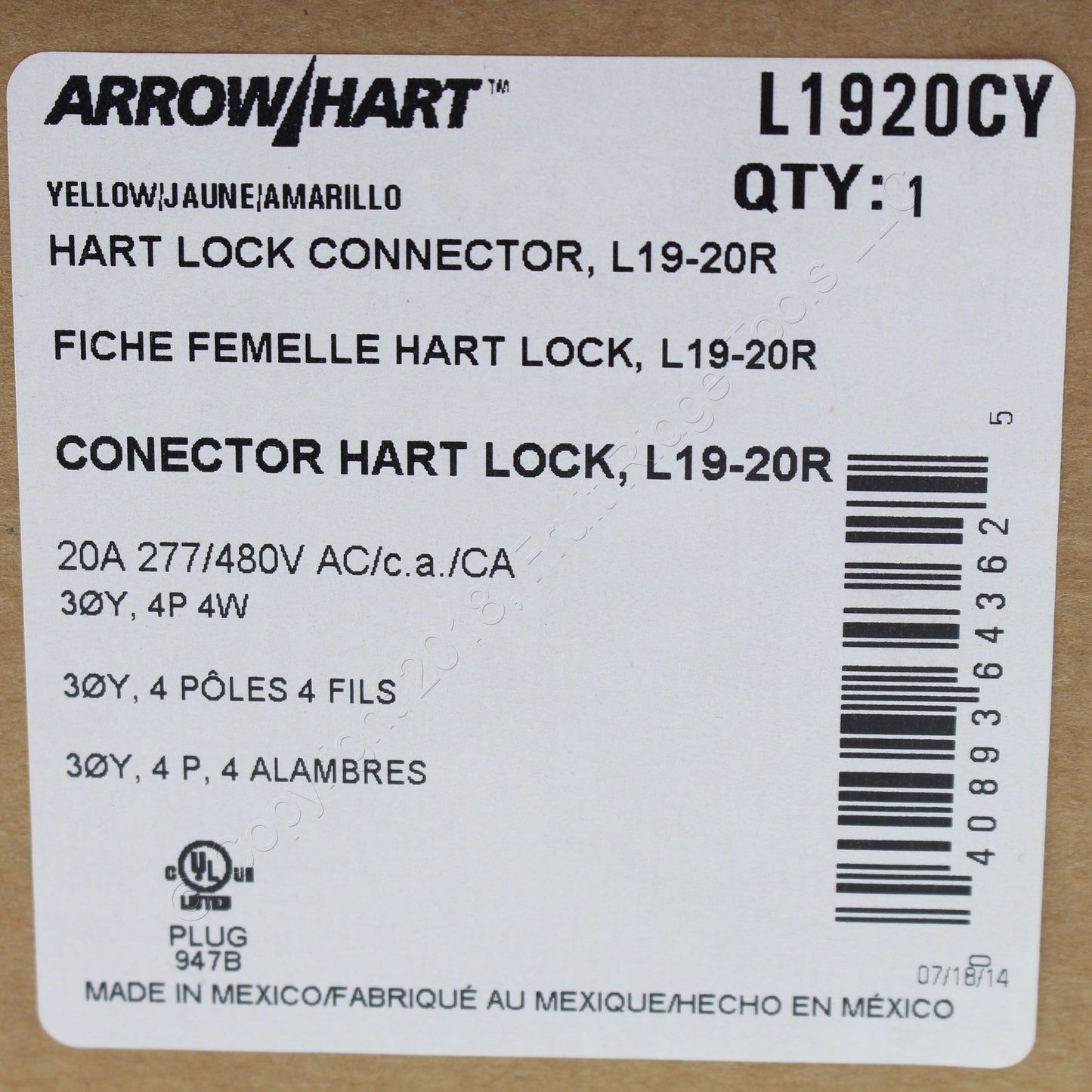 Cooper Yellow Locking Connector Back Wire L19-20R 20A 277/480V 3PH 4P4W L1920CY