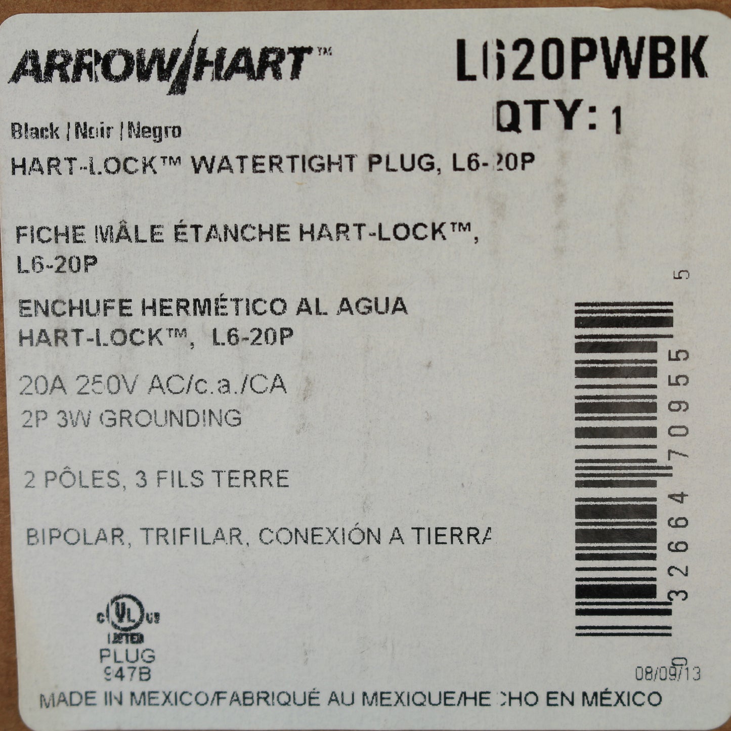 Cooper Black Watertight Locking Plug Nema L6-20P Grounding 20A 250V 2P3W L620PW