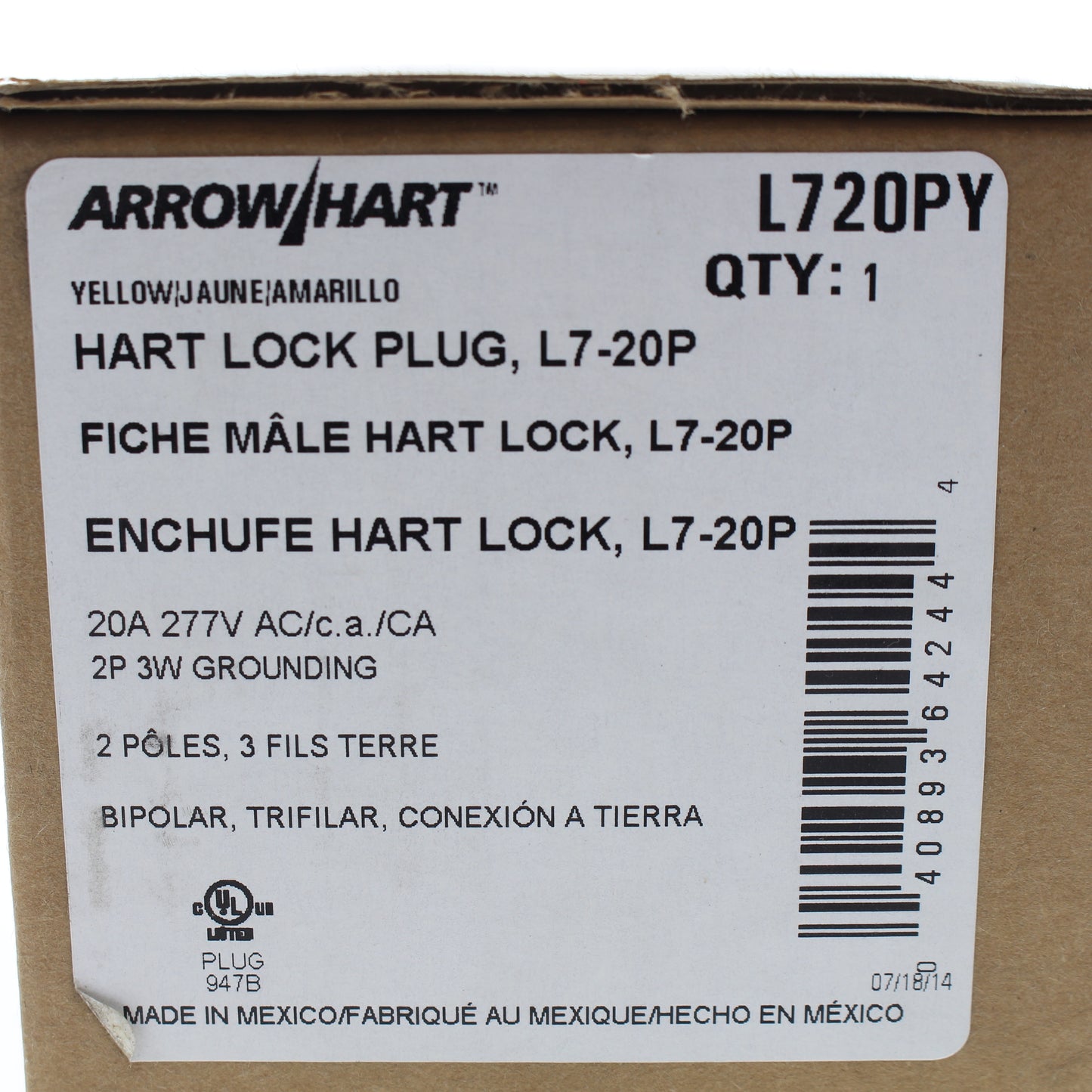 Cooper Yellow Grounding Back Wire Locking Plug Nema L7-20P 20A 277V 2P3W L720PY