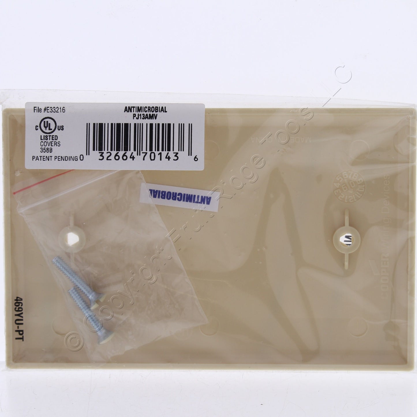 Cooper PJ13V Ivory Antimicrobial Unbreakable Mid-Size 1-Gang Blank Nylon Cover