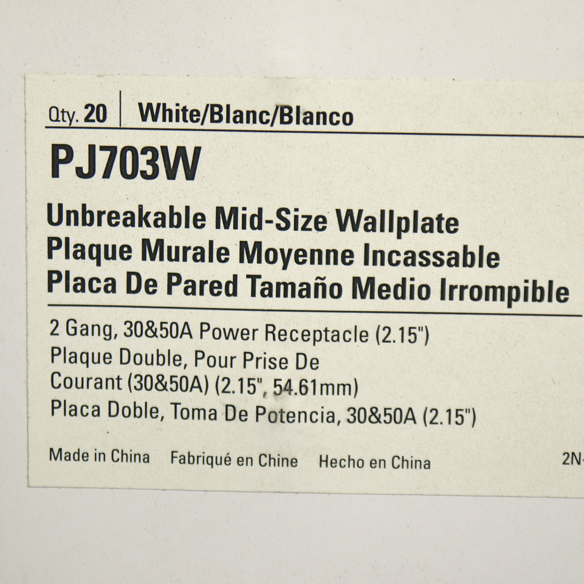 Cooper PJ703W White 2-Gang 2.15" Power Outlet Mid-Size Nylon Wallplates 20-Pack