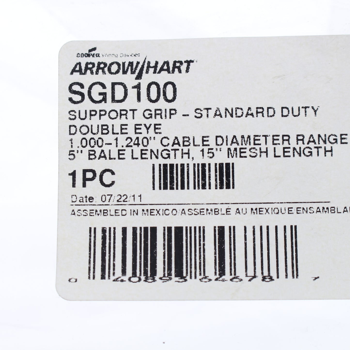 Cooper SGD100 15" Mesh Length Support Grip Closed Double Eye 1.00-1.24" Diameter