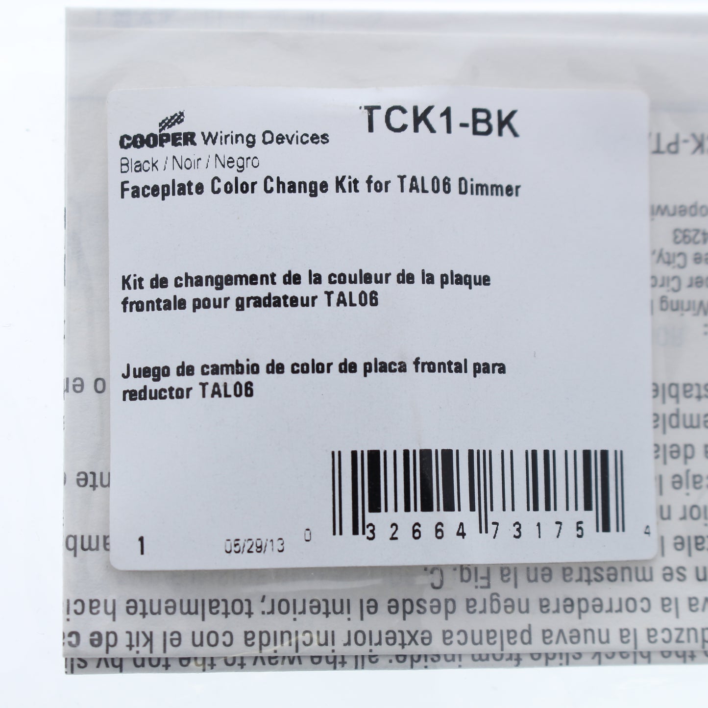 Cooper TCK1-BK Black Polycarbonate Color Change Kit for TAL06P Dimmer Switch