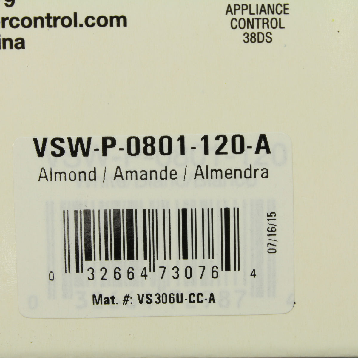 Cooper VSW-P-0801-120 Almond Manual Passive Infrared Vacancy Sensor 120V 600W