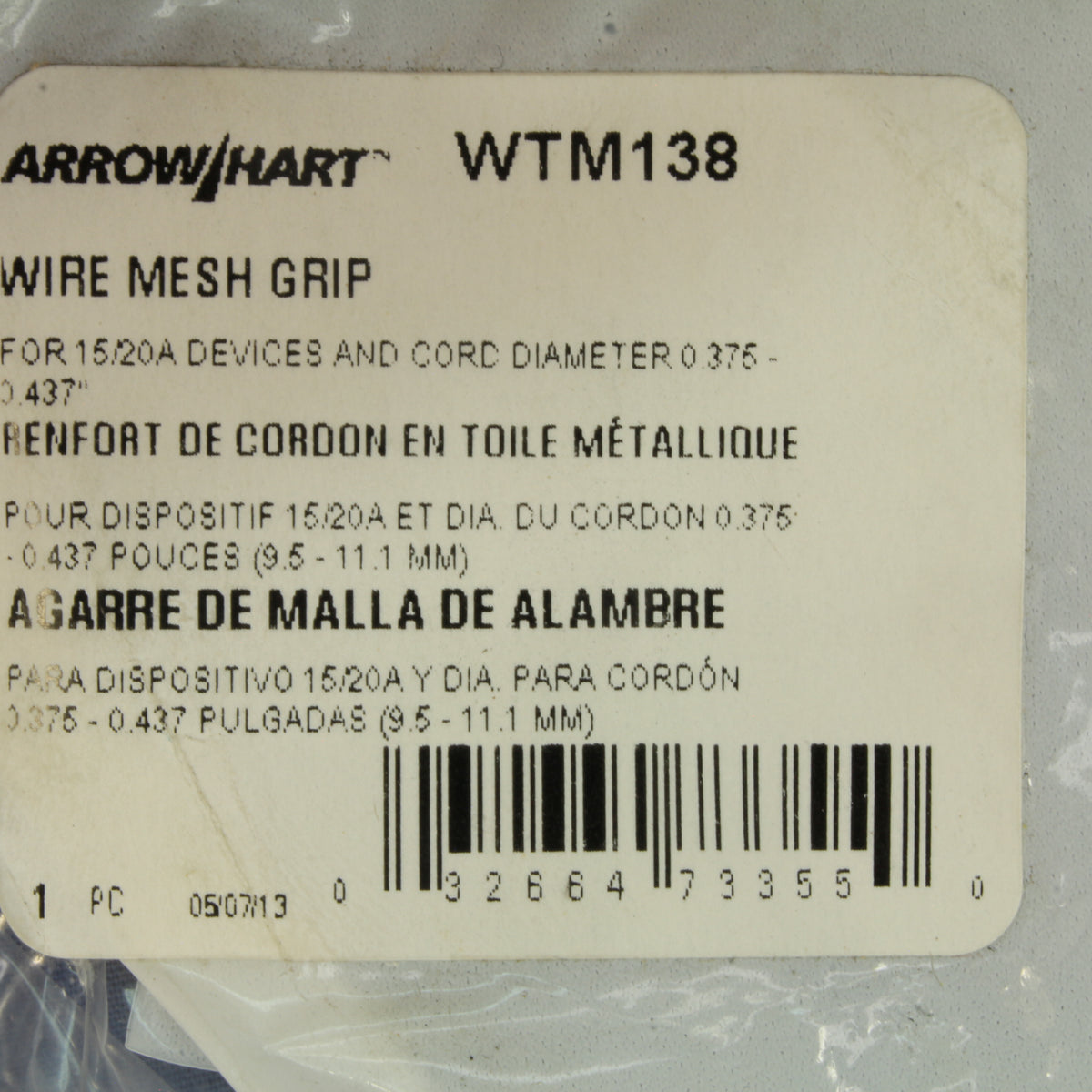 Cooper Watertight Strain Relief Cable Grip .375-.437" Cord 1/2" NPT WTM138