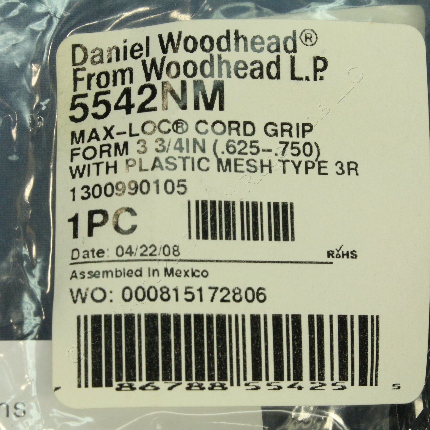 Woodhead Max-Loc Cord Grip .625-.75" Plastic Mesh Form 3 Nema 3R Gray 5542NM