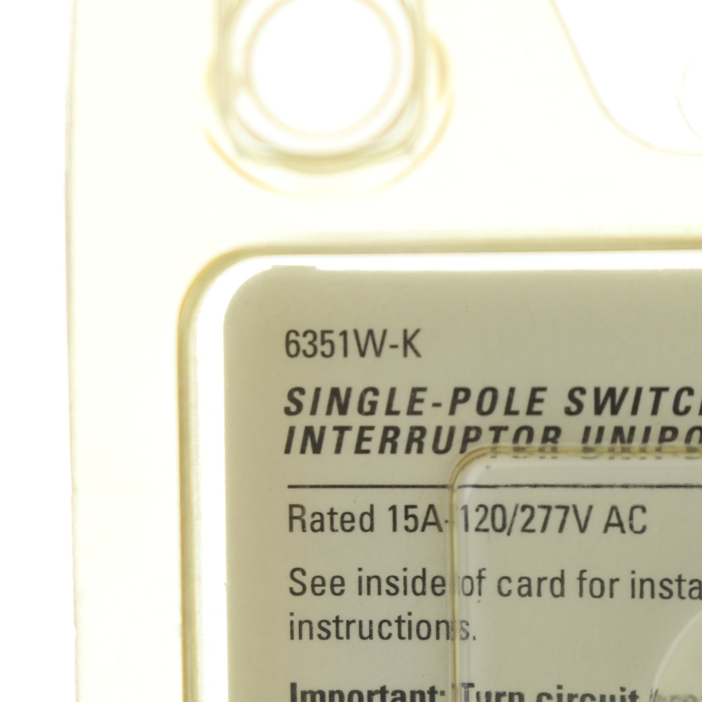 Eagle 6351W White Decorator Rocker Switch Single Pole 15A 120/277V + Wallplate