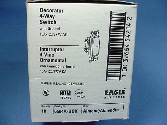 Eagle 6504A Almond Commercial Grade 4-Way Decorator Rocker Light Switch 15A 10pc