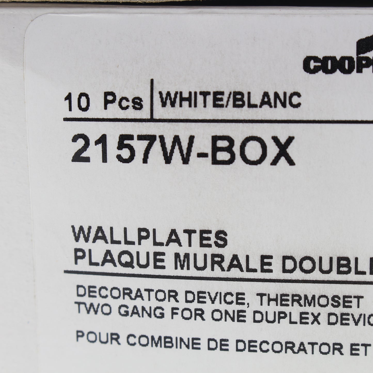 Eaton 2157W White 2-Gang Duplex Decorator Plastic Standard Wallplate Cover 10pcs