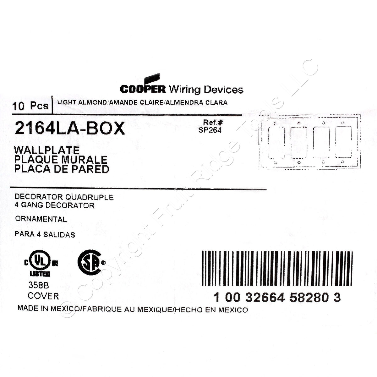Eaton 2164LA Lt Almond 4-Gang Decorator Plastic Standard Wallplate Cover 10pcs