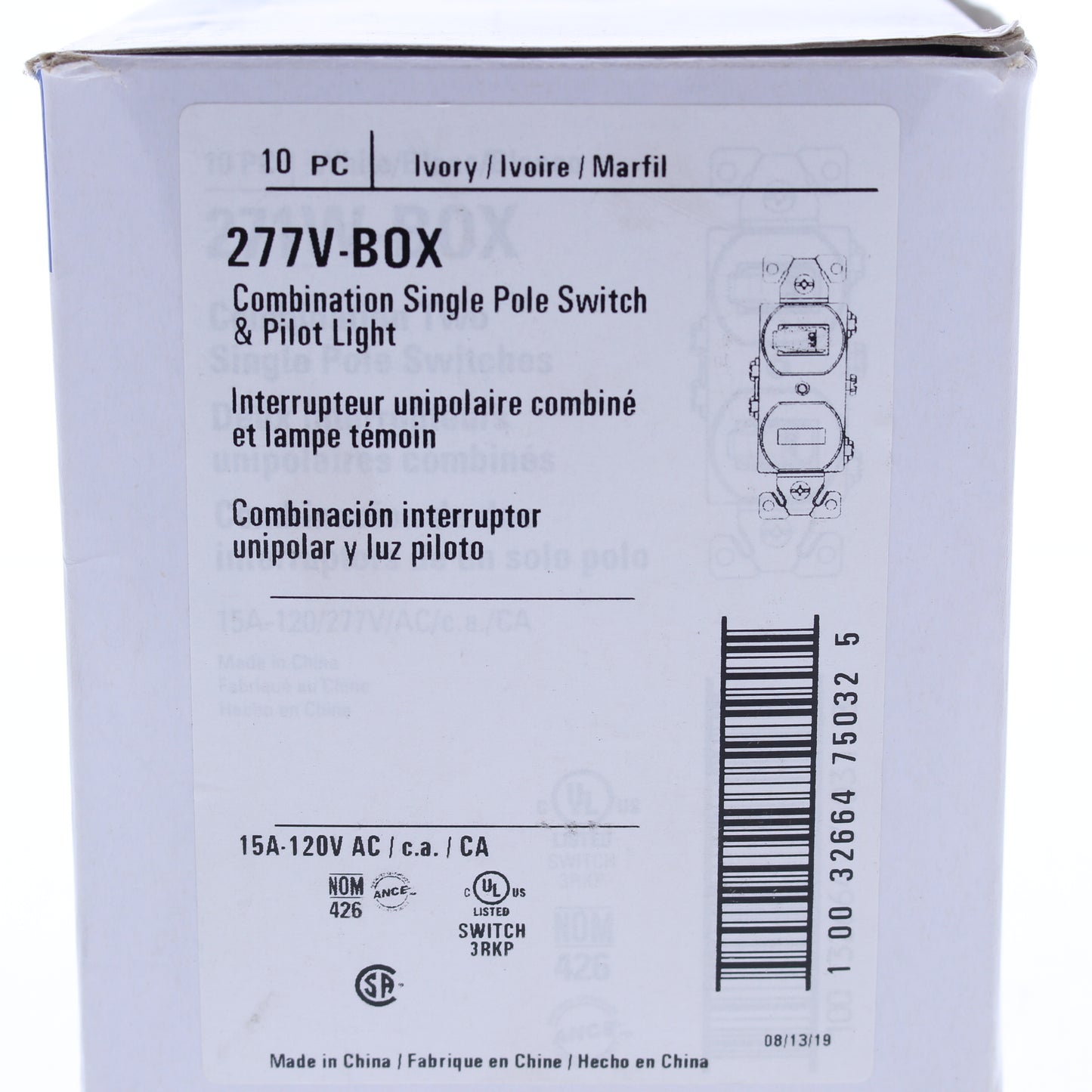 Eaton #277V Ivory #277V Pilot Light Toggle Wall Switch Single Pole 15A 120V 10pc
