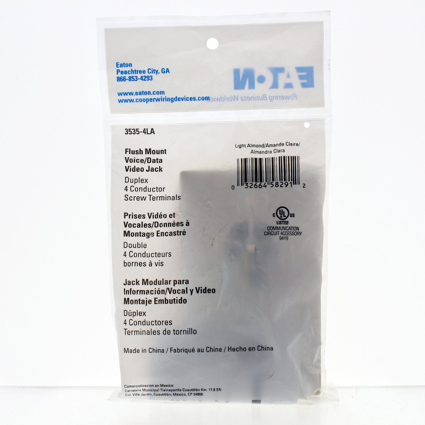 Eaton 3535-4LA Lt Almond 1-Gang Phone Jack, 1-F-Connector Nylon Wallplate Cover