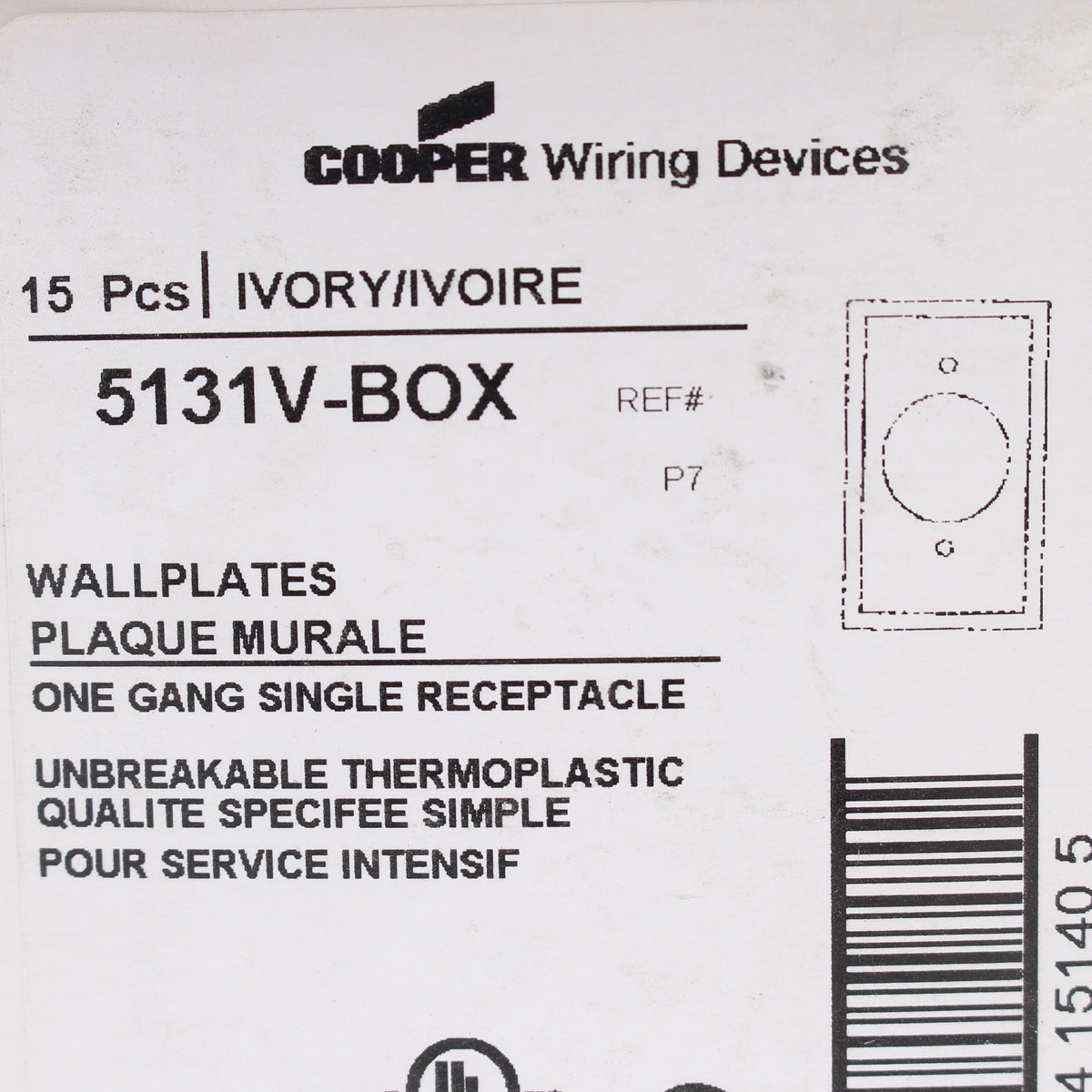 Eaton 5131V Ivory 1-Gang 1.406in. Outlet Unbreakable Nylon Wallplate Cover 15pcs