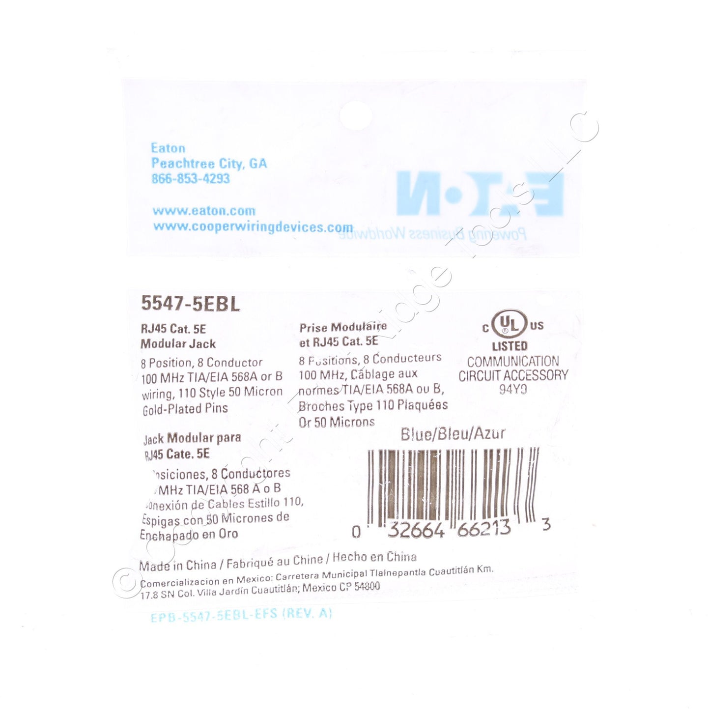 Eaton 5547-5EBL Blue Cat5e Snap-In Modular Data Jack 110 Style 8-Position RJ45