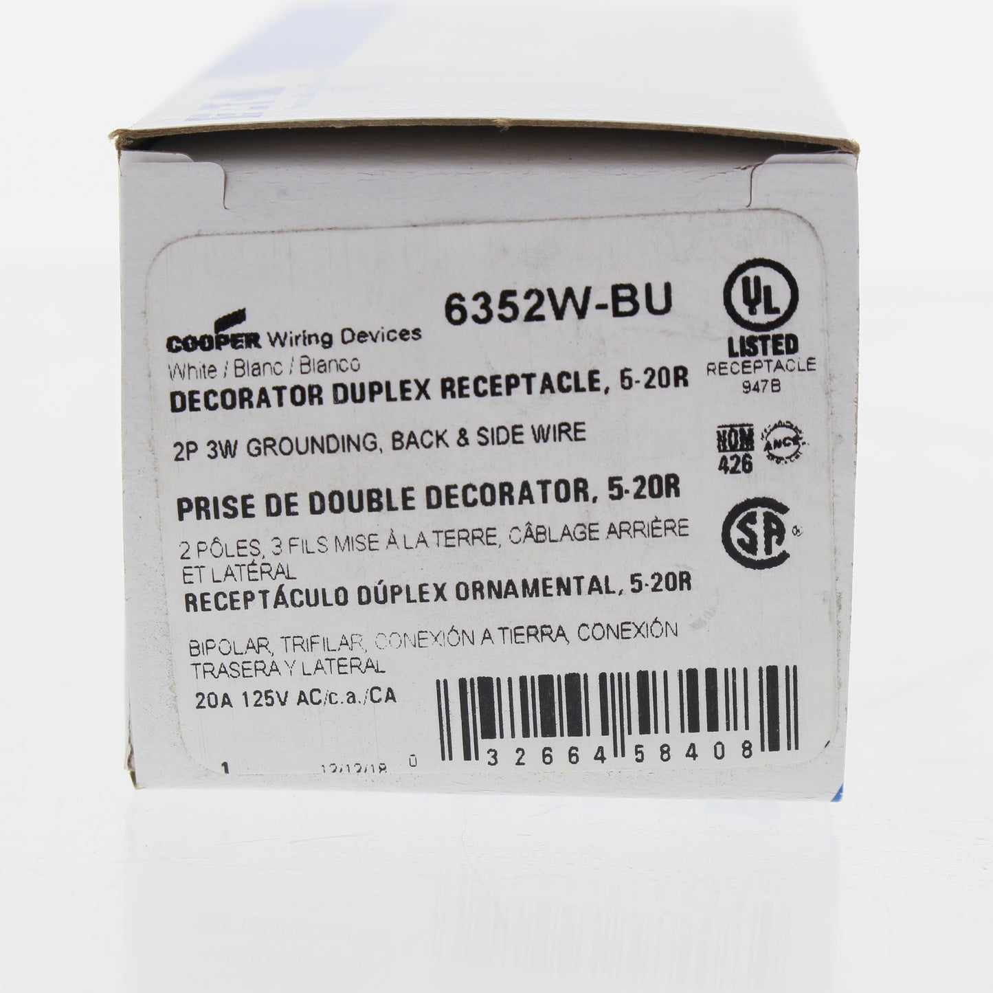 Eaton White Commercial Decorator Receptacle Duplex Outlet 5-20R 20A 6352W
