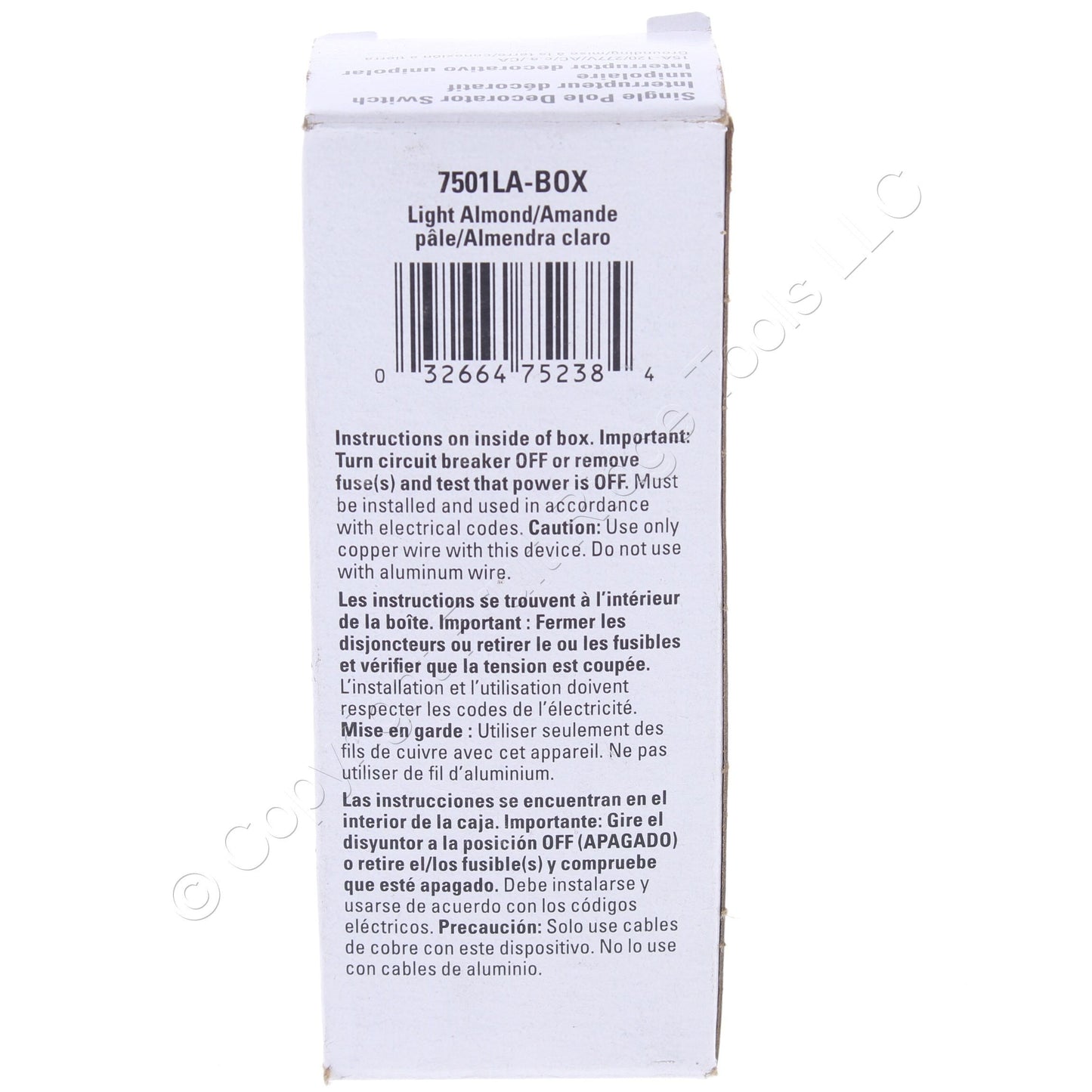 Eaton 7501LA Light Almond Decorator Rocker Light Switch 15A Single Pole 120/277V
