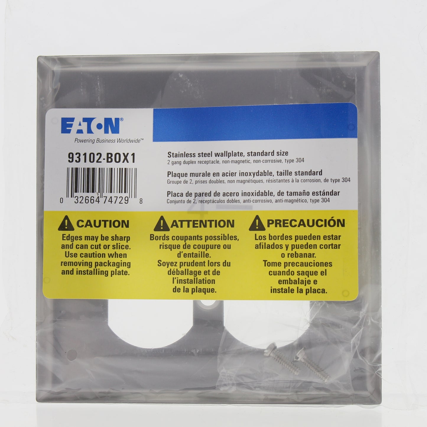 Eaton Stainless Steel 2G Duplex Receptacle Wallplate Outlet Flush Cover 93102