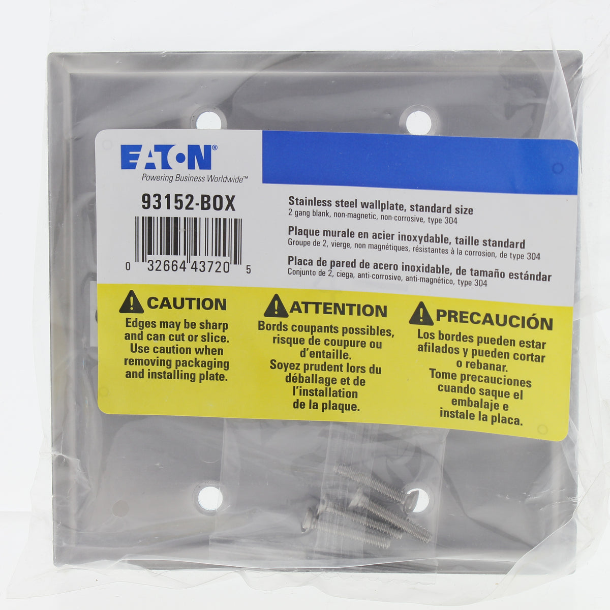 Eaton 93152 Non-Magnetic Stainless Steel 2-Gang Blank Cover Wall Plate Type 302