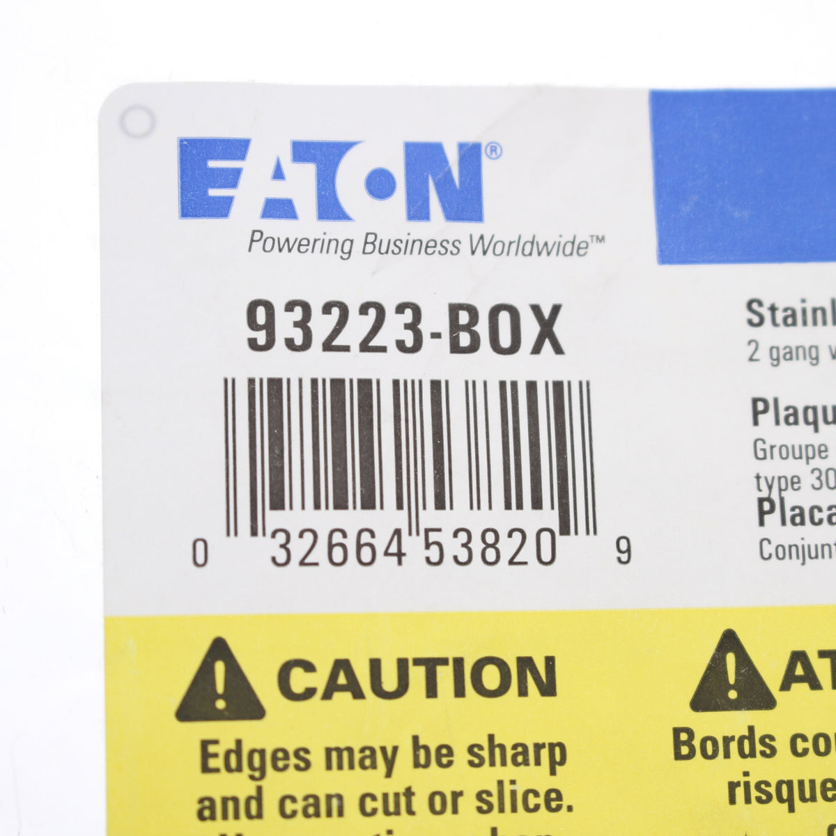 Eaton 93223 Stainless Steel 2-Gang 2.47" Hole Receptacle Non-Magnetic Wallplate